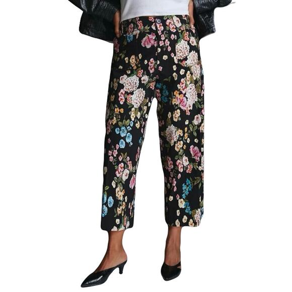 MAEVE Anthropologie Pants 33 Floral”Colette”Wide-Leg Stretchy-Cotton Crop Pocket